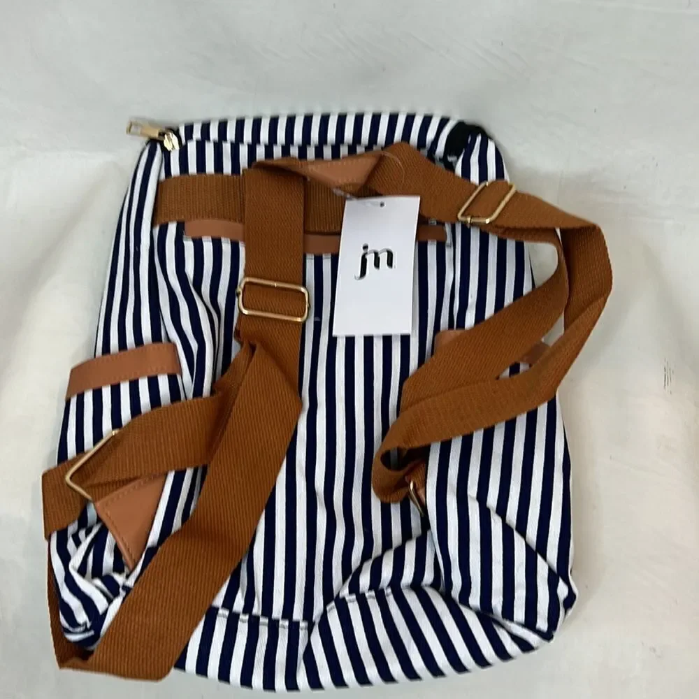 Jessica Moore Striped Backpack New 2 Zipper Sections 3 Pockets Navy White Brown